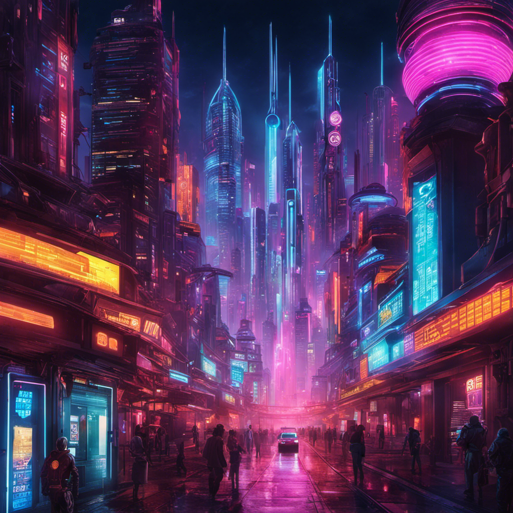 An image showcasing a futuristic cityscape illuminated by vibrant neon lights, with search engine bots traversing the skyline, representing the next generation of algorithms surpassing traditional SEO techniques