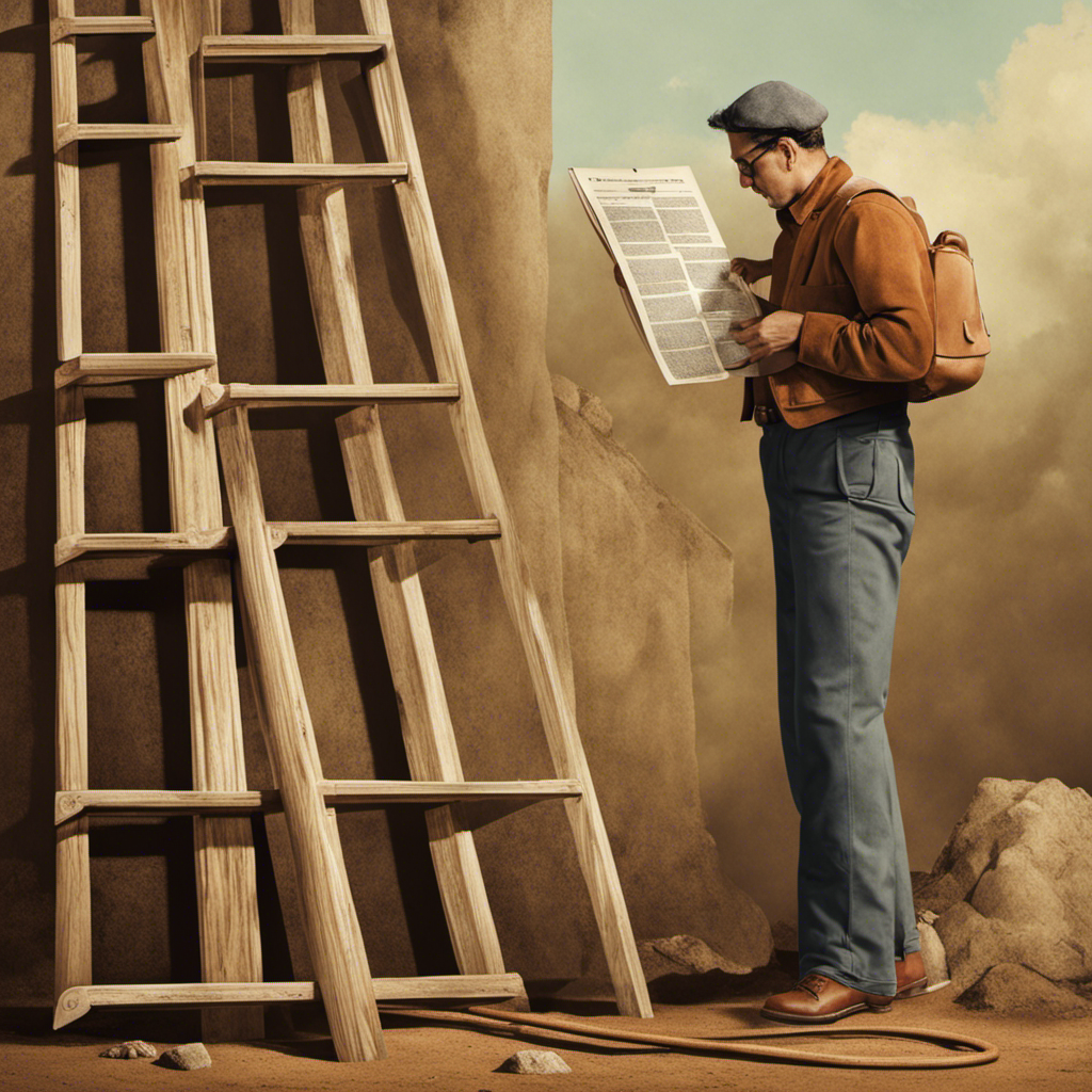 An image depicting a ladder leaning against a search engine ranking chart, with a person confidently taking the first step by placing their foot on the ladder rung labeled "Keyword Research