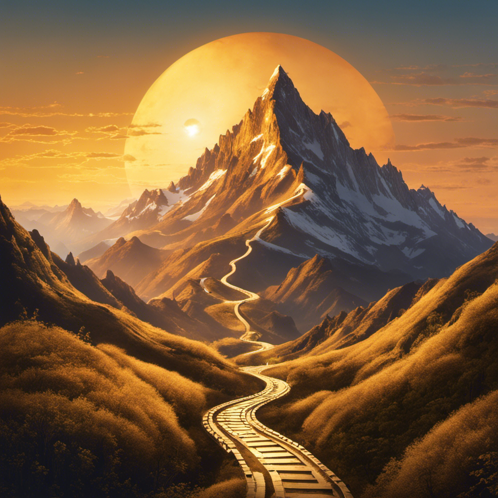 An image showcasing a mountain peak, illuminated by a golden sunrise, with a winding path leading to its summit