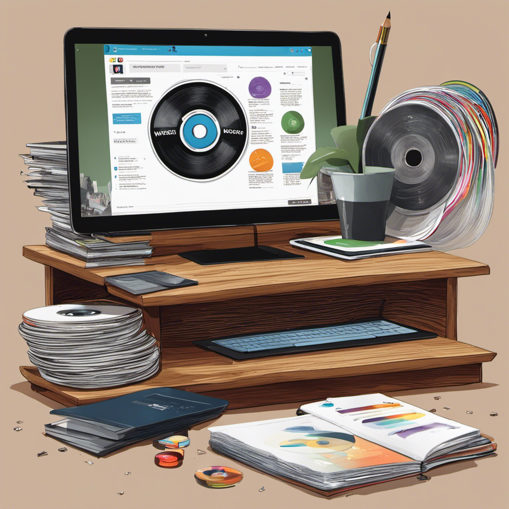 An image showcasing a laptop placed on a wooden table, featuring a stack of free open-source software CDs nearby, alongside a notepad filled with hand-drawn website wireframes, surrounded by scattered budget-friendly web design books