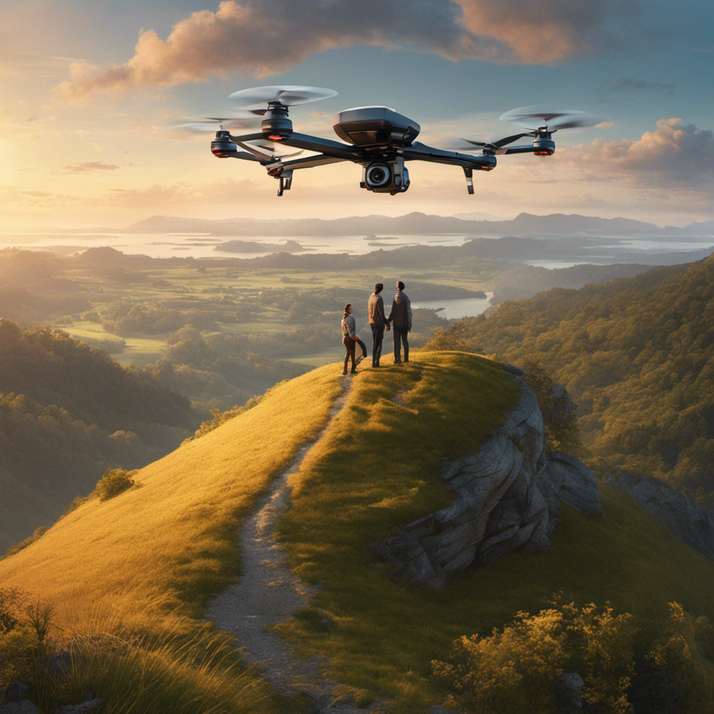 An image of a couple standing on a hill overlooking a beautiful landscape with a drone hovering above them, capturing the moment