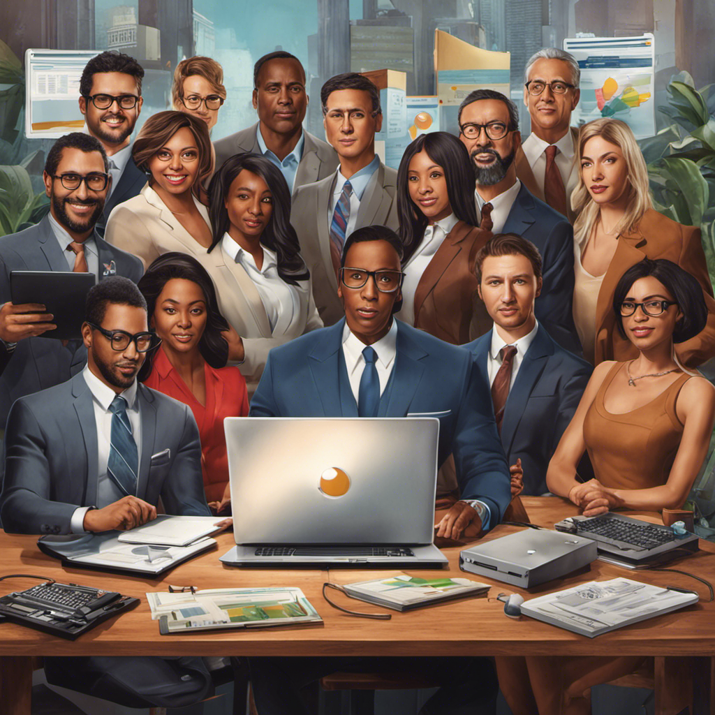 An image showcasing a diverse group of business owners, each representing different industries, eagerly gathered around a laptop displaying search engine results, symbolizing their reliance on SEO to thrive in the competitive digital landscape
