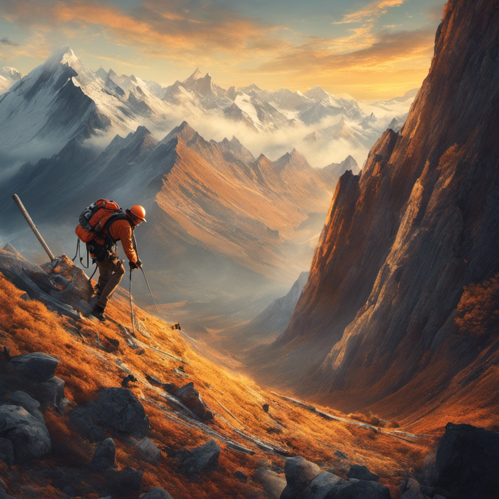An abstract image of a person using various tools to climb a mountain while a landscape of search engine results pages (SERPs) and keywords are in the background