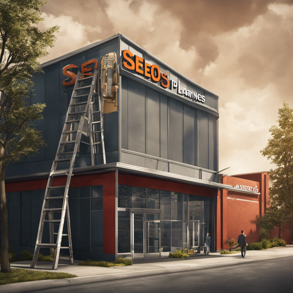 An image of a business building with a ladder leaning against the side, leading up to a sign that reads "SEO Plan"