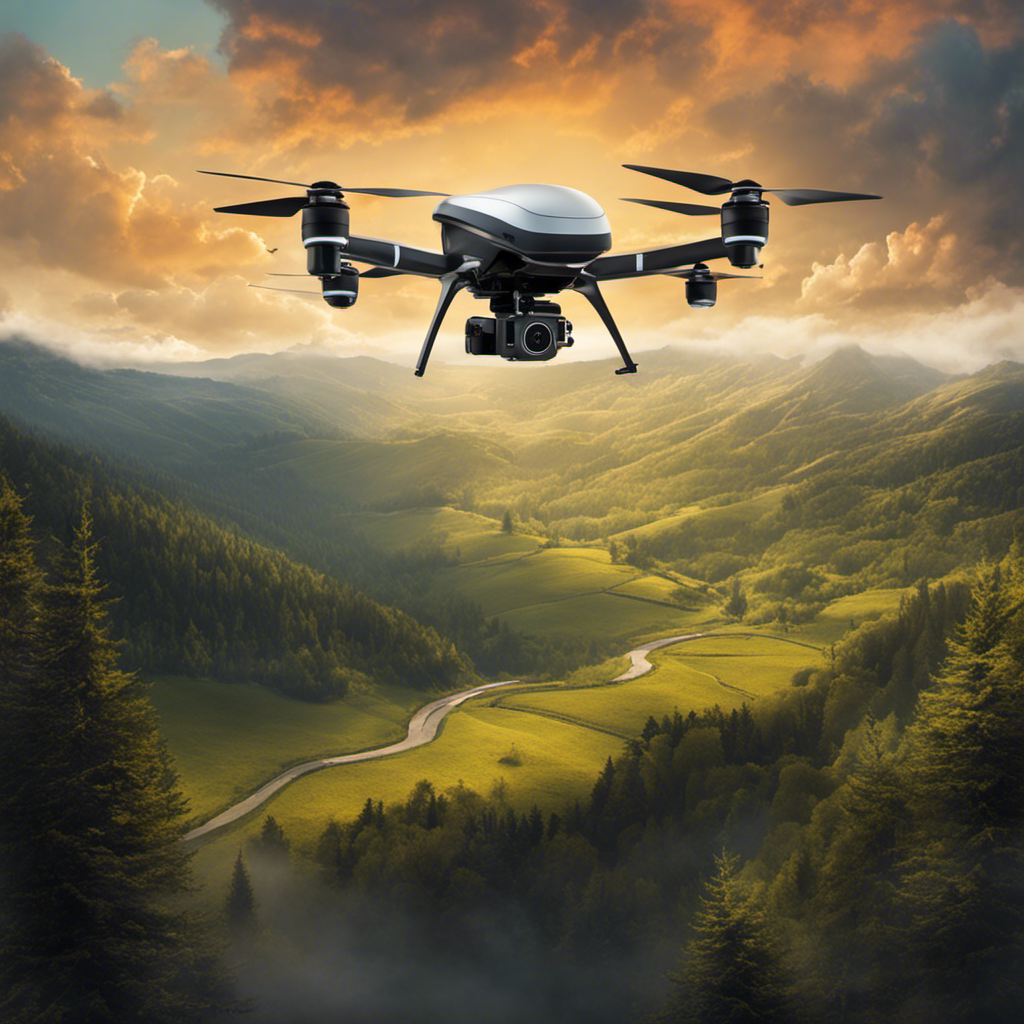 An image that showcases a drone with a Part 107 license prominently displayed on its side, flying over a beautiful landscape