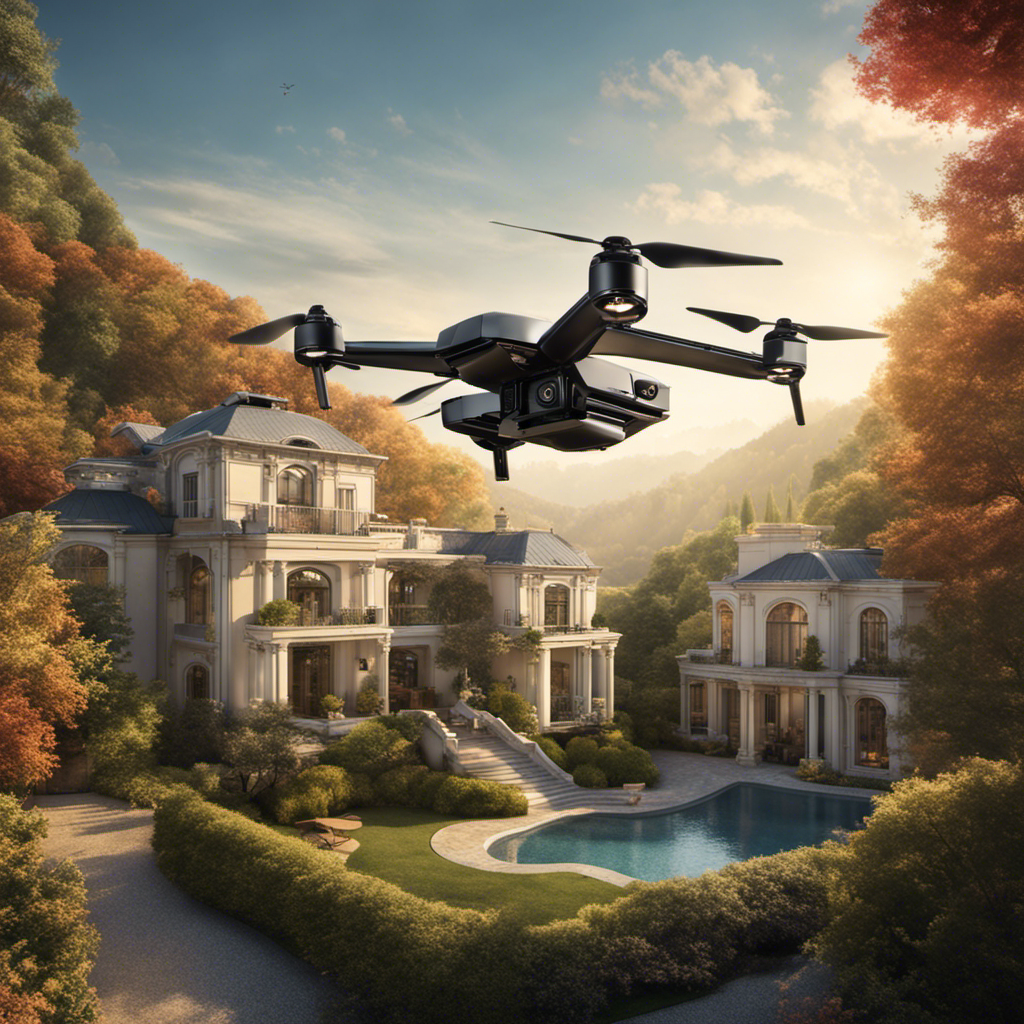 An image of a drone hovering above a luxurious property, capturing a breathtaking bird's-eye view of the landscape and architecture