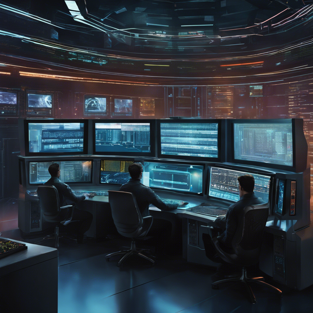 An image showcasing a sleek, futuristic control room with a team of programmers huddled around computer screens, lines of code projected on walls, and servers humming in the background