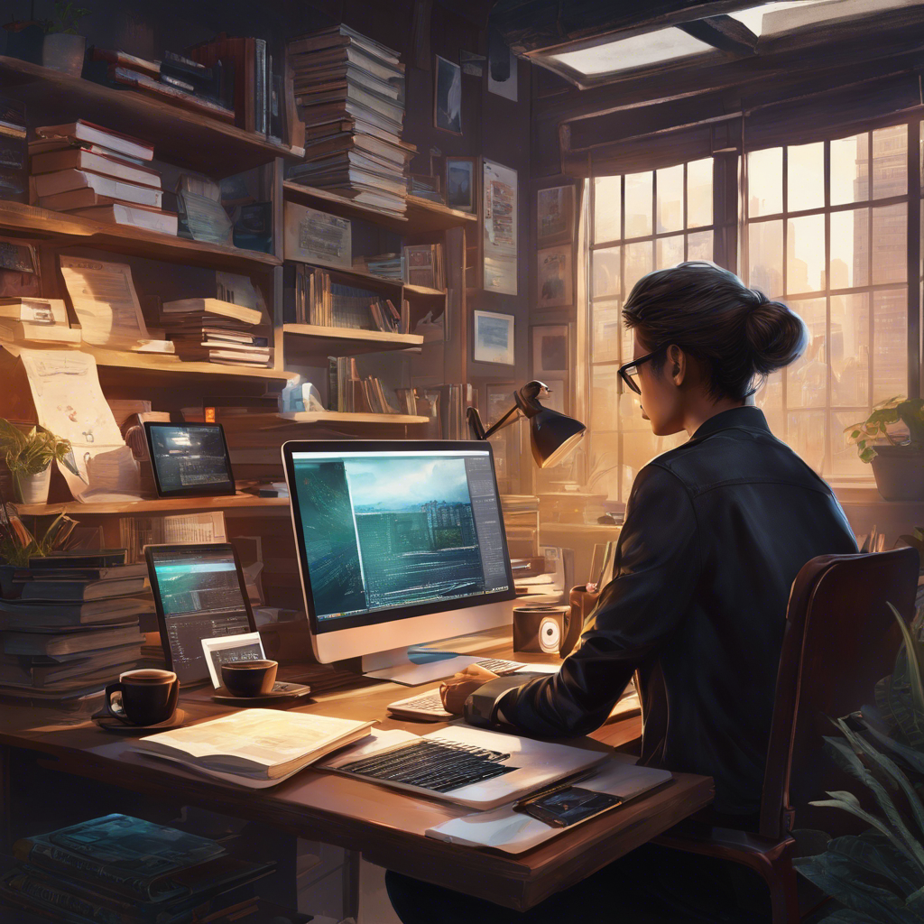 An image capturing a person sitting at a desk, surrounded by web development tools like a laptop with code on the screen, a notebook with sketches, a cup of coffee, and a stack of books
