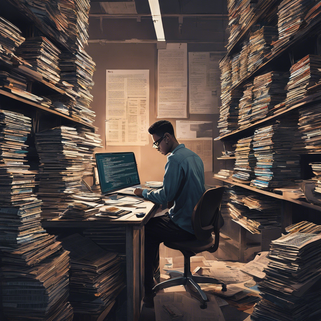 An image showcasing a person sitting at a desk, surrounded by stacks of handwritten HTML and CSS code