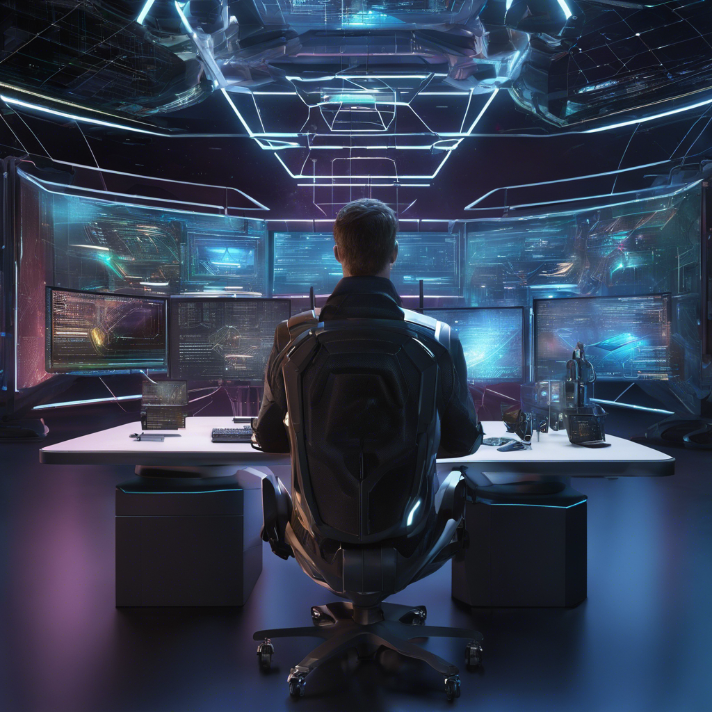 An image showcasing a futuristic web designer surrounded by holographic wireframes, coding with advanced tools, and seamlessly integrating AI components into a website, envisioning the future of web design in 2024