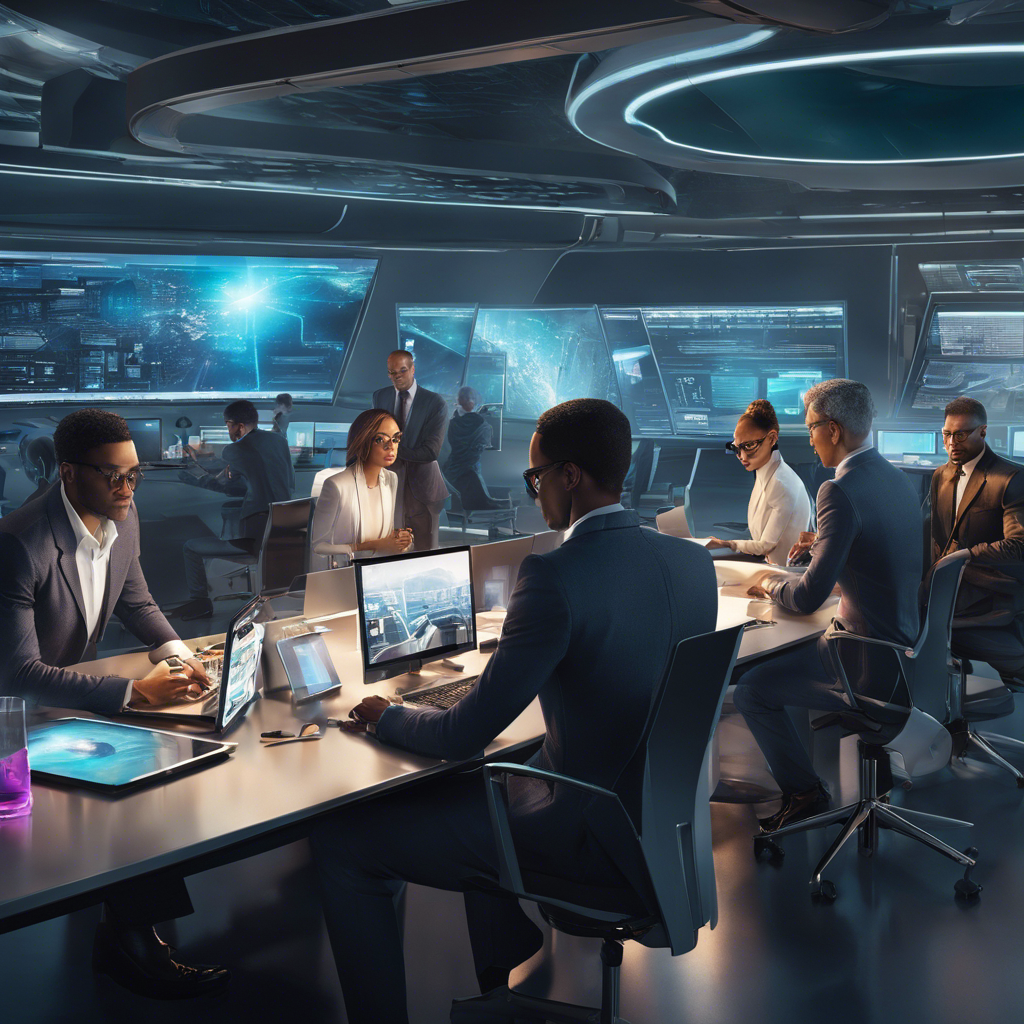 An image showcasing a diverse group of professionals collaborating in a futuristic workspace, using cutting-edge technology and brainstorming ideas, symbolizing the collaborative effort needed to create a website in 2024