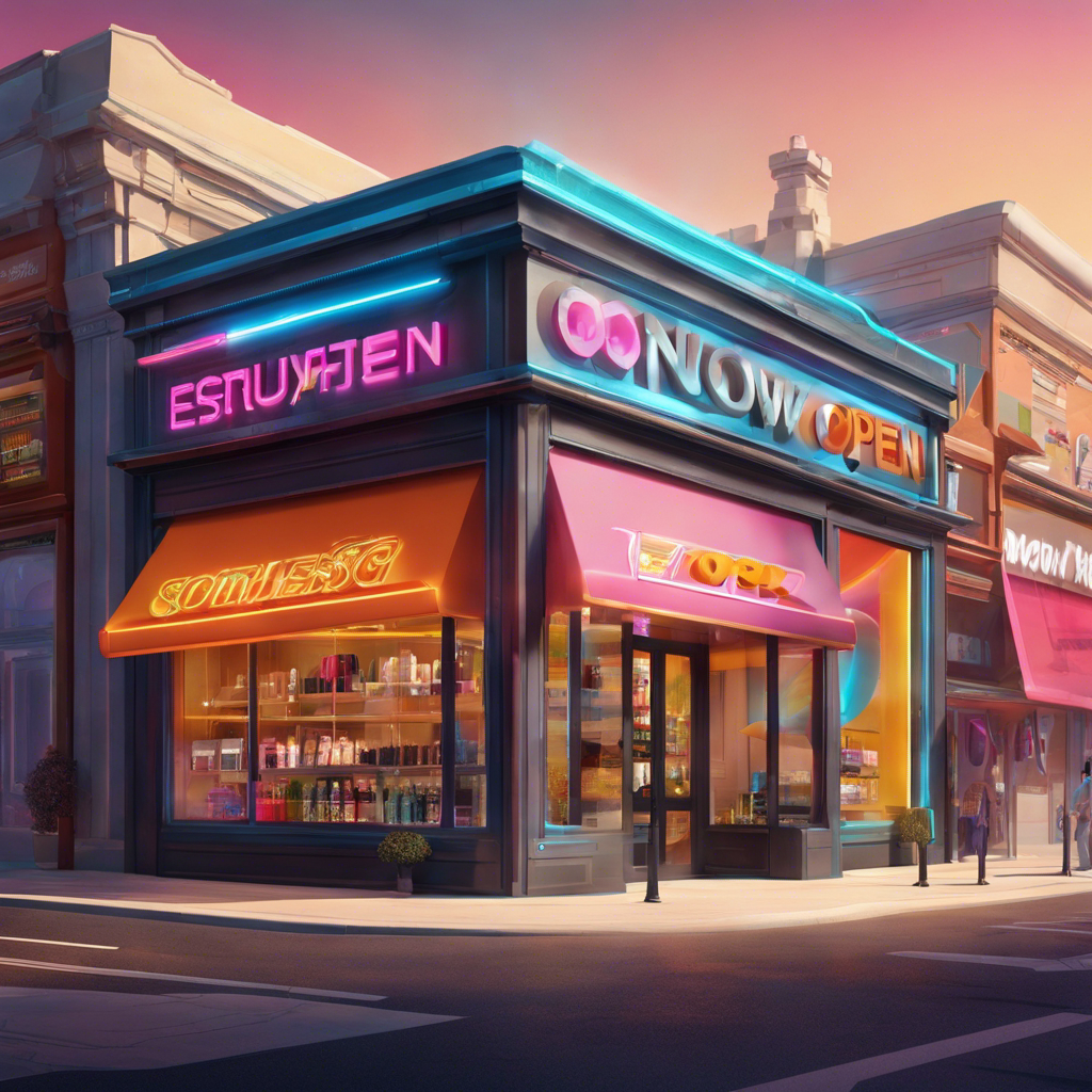 An image showcasing a futuristic storefront with a vibrant, custom logo and an eye-catching "Now Open" sign