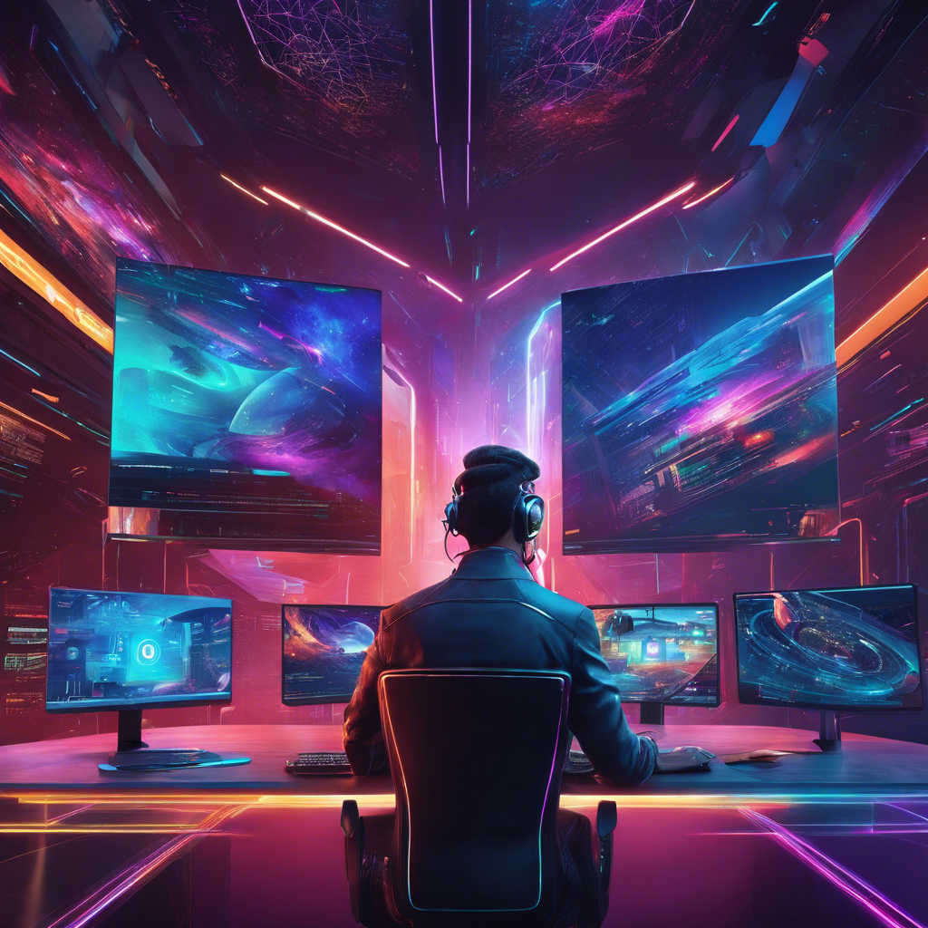 An image showcasing a web designer in 2024, immersed in a futuristic workspace filled with holographic screens, seamlessly blending code and design