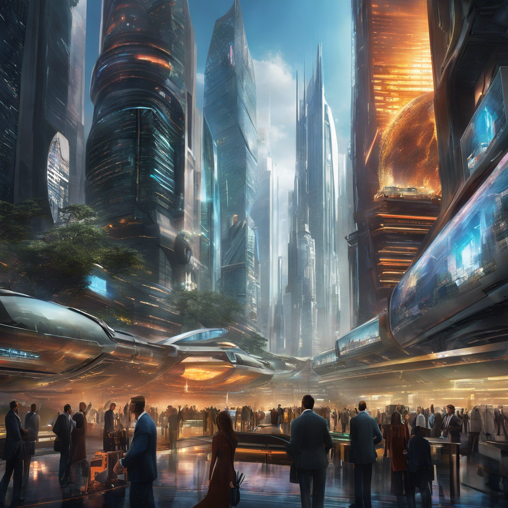 An image showcasing a bustling futuristic cityscape, with sleek skyscrapers adorned with bold, dynamic websites