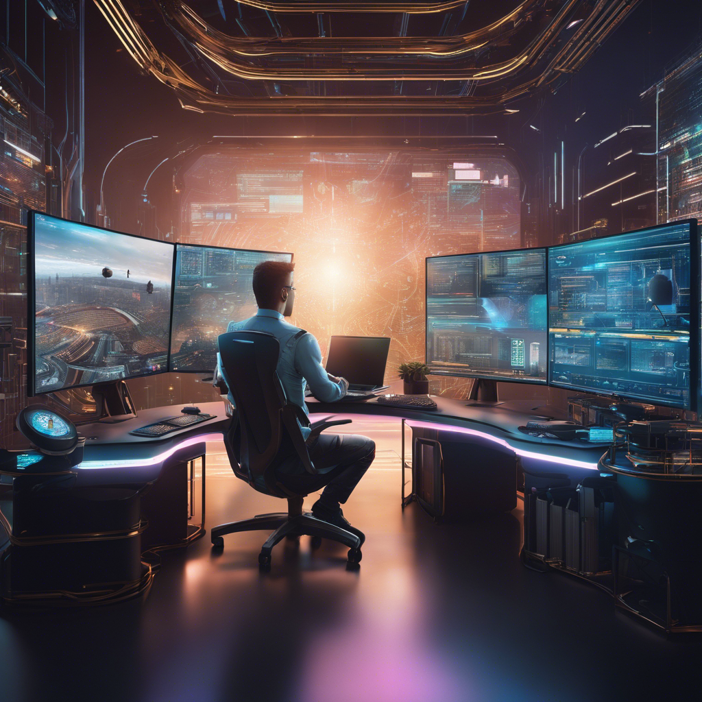 An image depicting a futuristic workspace with a web developer immersed in coding, surrounded by holographic screens displaying intricate website designs