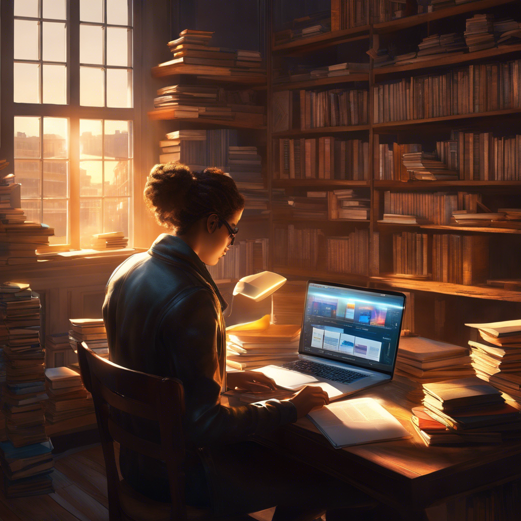 An image of a person sitting at a desk with a laptop, surrounded by stacks of books, coding tutorials, and sketching wireframes