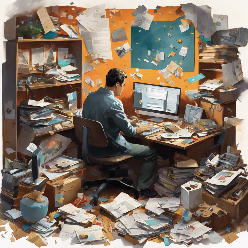 An image featuring a non-techy person sitting in front of a computer, surrounded by a cluttered desk with scattered papers, as they struggle to assemble puzzle-like website elements, displaying their determination mixed with the frustration of the process