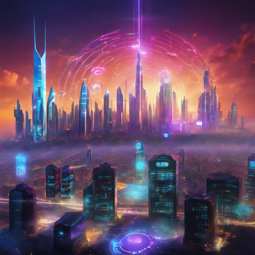 An image depicting a futuristic city skyline with holographic web development symbols floating in the air, showcasing the increasing demand for web developers