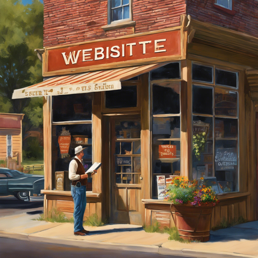 An image showcasing a rustic, small-town Oklahoma storefront with a hand-painted sign displaying "Website Pricing