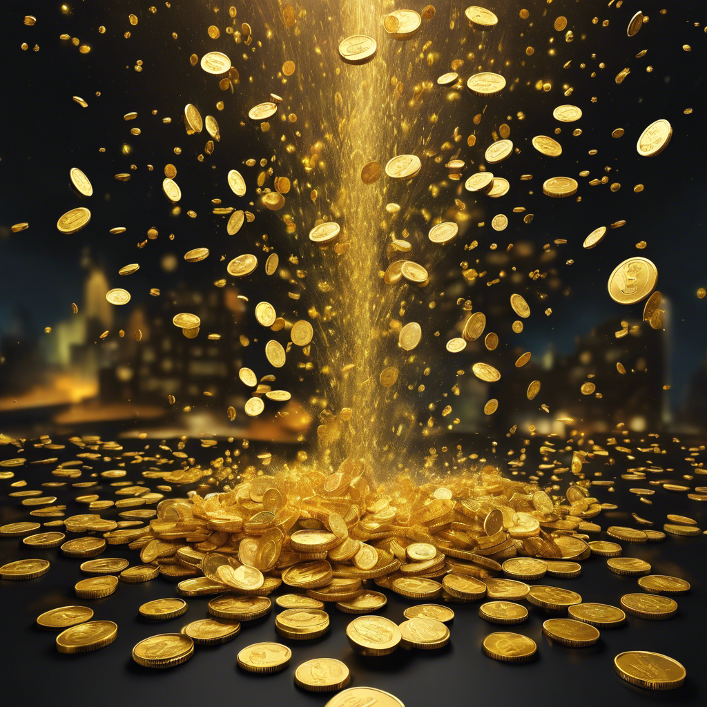 Depict a visual of a small website being showered with a cascade of golden coins, emphasizing the surprising profitability