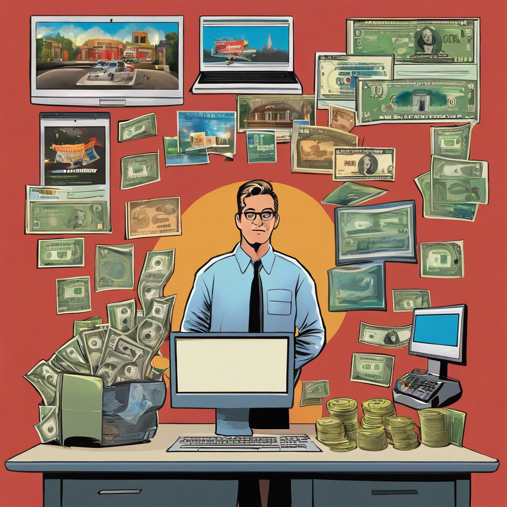 An image depicting a small business owner standing in front of a computer screen displaying various website designs, while holding a piggy bank with dollar bills flying out, symbolizing the dilemma of determining an optimal budget for an effective website