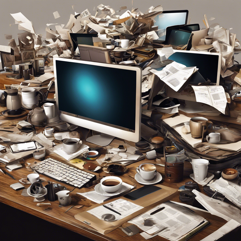 An image that captures the essence of stress for a web designer: a cluttered desk with multiple computer screens displaying error messages, scattered coffee cups, crumpled sketches, and a frustrated designer with a furrowed brow