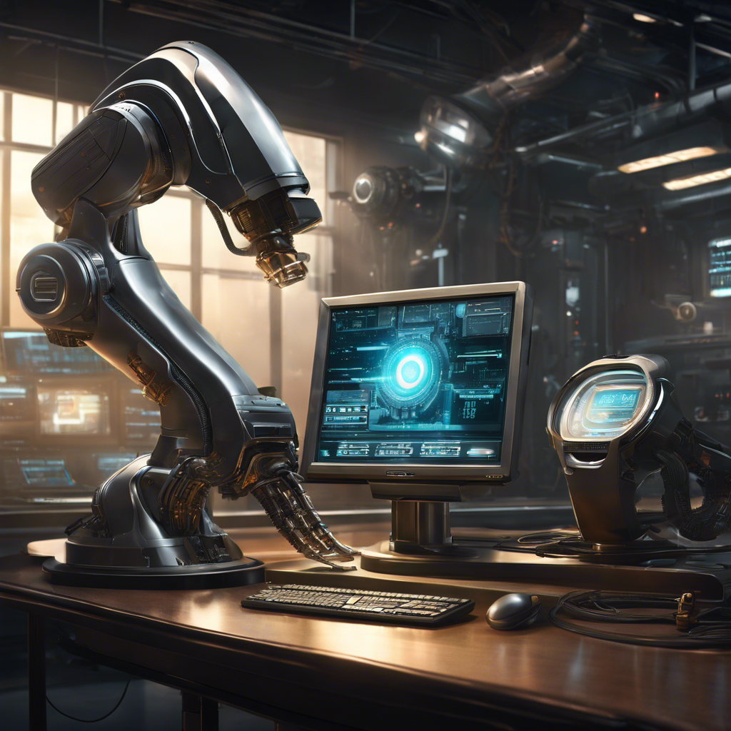 An image of a sleek, futuristic robotic arm delicately polishing a computer monitor, while a digital clock displays the year 2024 in the background