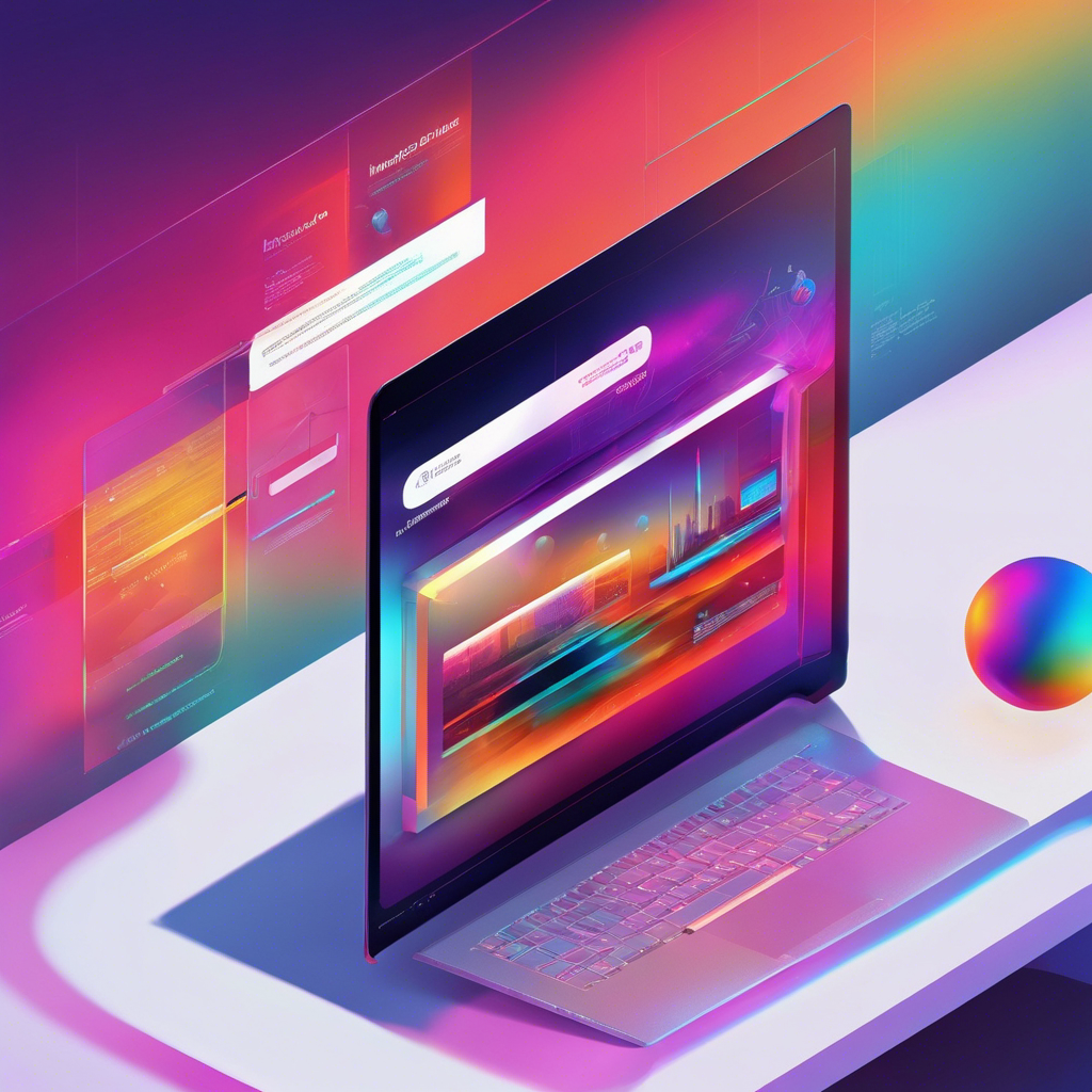 An image showcasing a sleek, modern website interface projected on a futuristic holographic screen, radiating vibrant colors