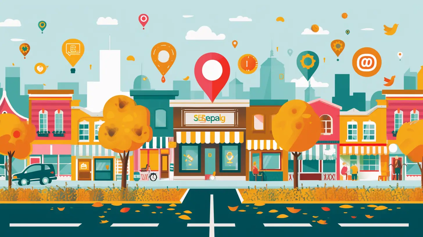 an image showing a small local business surrounded by a vibrant and bustling neighborhood, with prominent SEO elements like a map marker, online reviews, and search engine logos