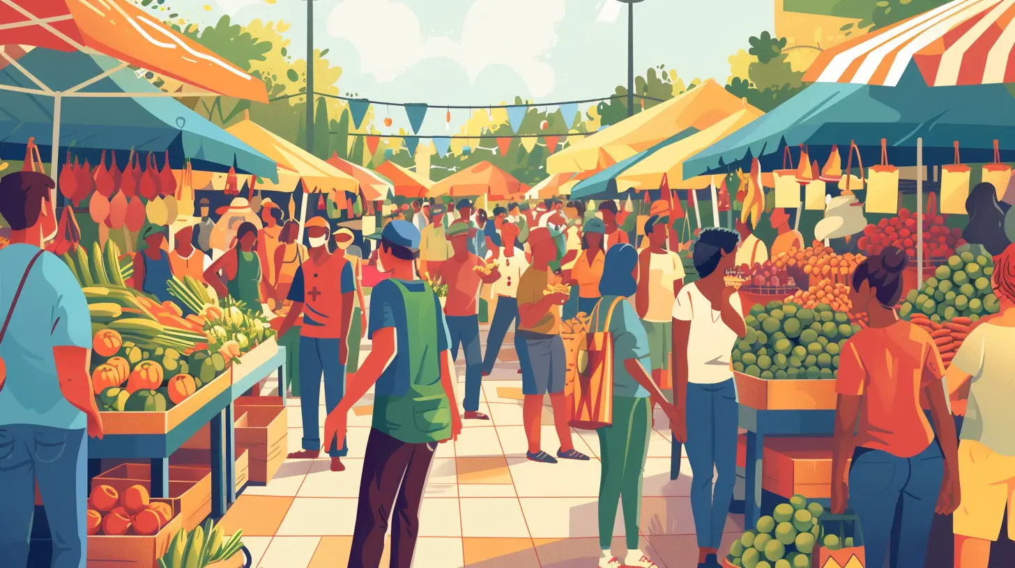 an image showcasing a bustling farmer's market with diverse vendors, crowded with locals. Capture the vibrant atmosphere, emphasizing the connection between small businesses and their community, highlighting the cost-effective marketing impact of local SEO