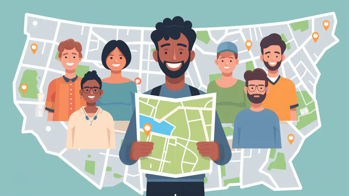 an image featuring a small business owner smiling while holding a map with highlighted local areas. Surround them with a diverse group of potential customers, symbolizing the increased targeted audience reach achieved through effective local SEO strategies