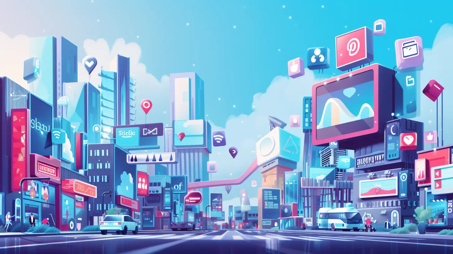 an image showcasing a vibrant cityscape with a small business prominently featured, surrounded by a plethora of online platforms (search engines, social media icons) symbolizing heightened online visibility