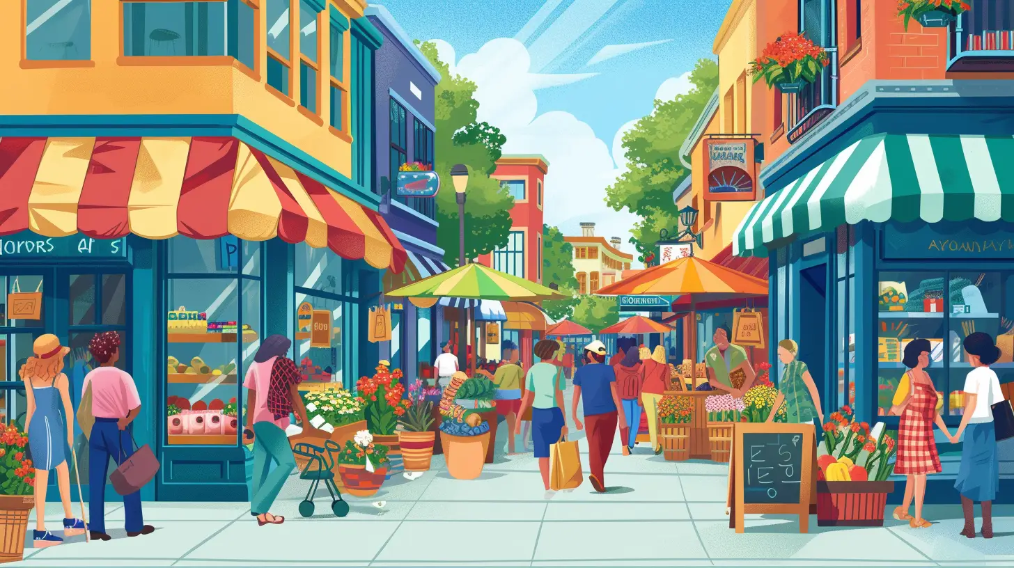 an image depicting a bustling city street with diverse local businesses, each prominently displaying their unique logos and vibrant storefronts. Capture the essence of a vibrant community, showcasing the importance of local SEO in enhancing brand awareness for small businesses
