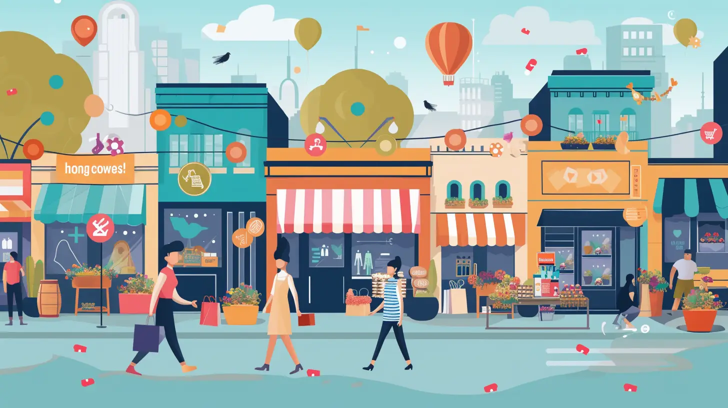 an image showing a bustling local market, with vibrant storefronts, busy sidewalks, and a diverse crowd of shoppers. Ensure that the image captures the energy and increased foot traffic that local SEO can drive to small businesses