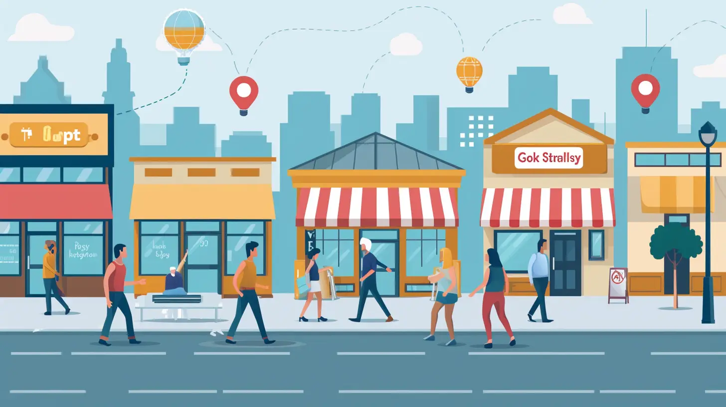 an image showcasing a small local business with a prominent location on a busy street, surrounded by a stream of customers entering the store. Highlight the store's name and logo to emphasize the impact of local SEO on attracting potential customers and driving higher conversion rates