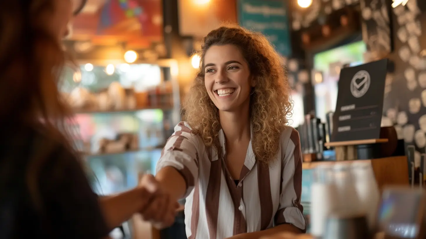 an image featuring a small business owner shaking hands with a satisfied customer, showcasing their genuine smiles and a warm atmosphere. Emphasize the business's logo on a sign to convey trust and credibility