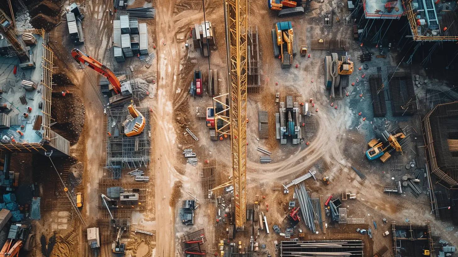 sprawling landscape of a bustling construction site, showcasing the intricate details of heavy machinery, towering cranes, and meticulously placed infrastructure. Emphasize the benefits of industrial and infrastructure photography using drones