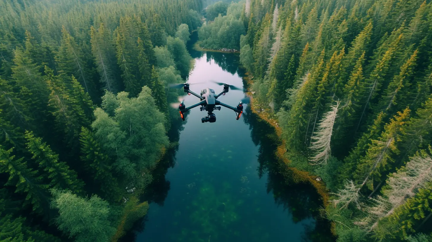 an image capturing a drone flying over a lush forest, its high-resolution camera focused on a river, capturing water quality data. Show the drone's shadow cast on the ground, emphasizing its role in environmental monitoring through photography