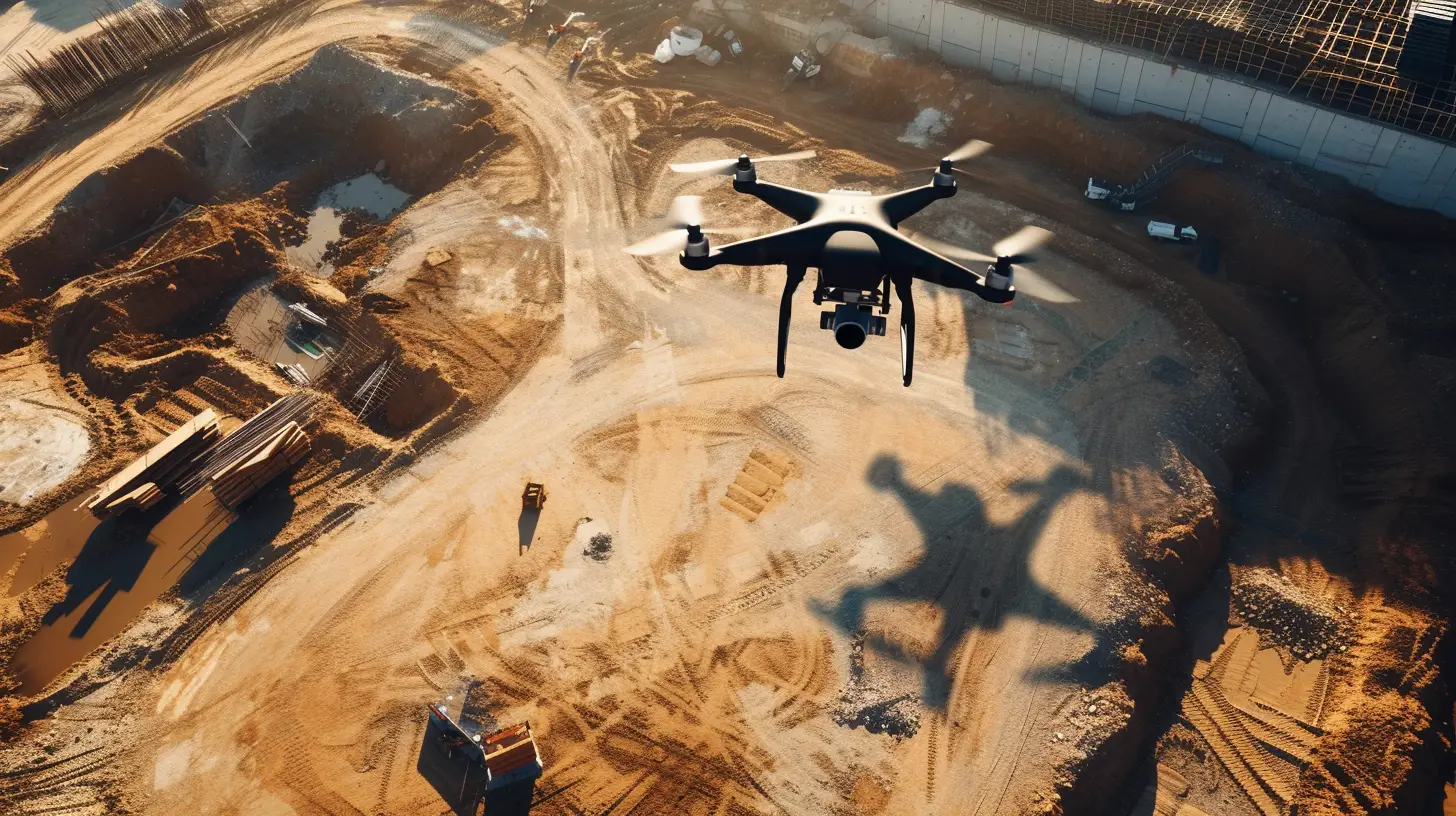 an image of a drone hovering above a construction site, capturing detailed topographic data with its high-resolution camera. The drone's shadow is cast on the ground, showcasing its potential for precise mapping and surveying in industrial and infrastructure projects