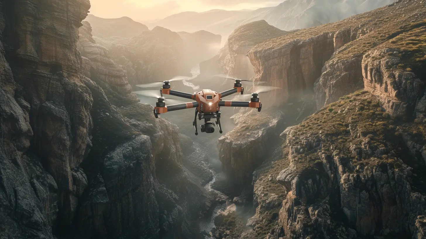 an image showcasing a drone hovering above a rugged mountainous terrain, capturing a dramatic aerial view of a search and rescue operation in progress. The drone's camera focuses on a team of rescuers navigating through treacherous cliffs