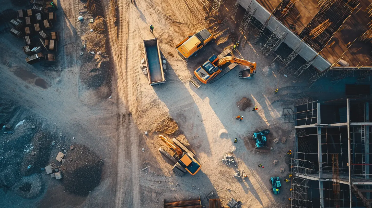 an image capturing a bird's-eye view of a construction site, showcasing the precise maneuverability of a drone. The image should depict workers, machinery, and materials, emphasizing the potential for captivating aerial photography in digital marketing