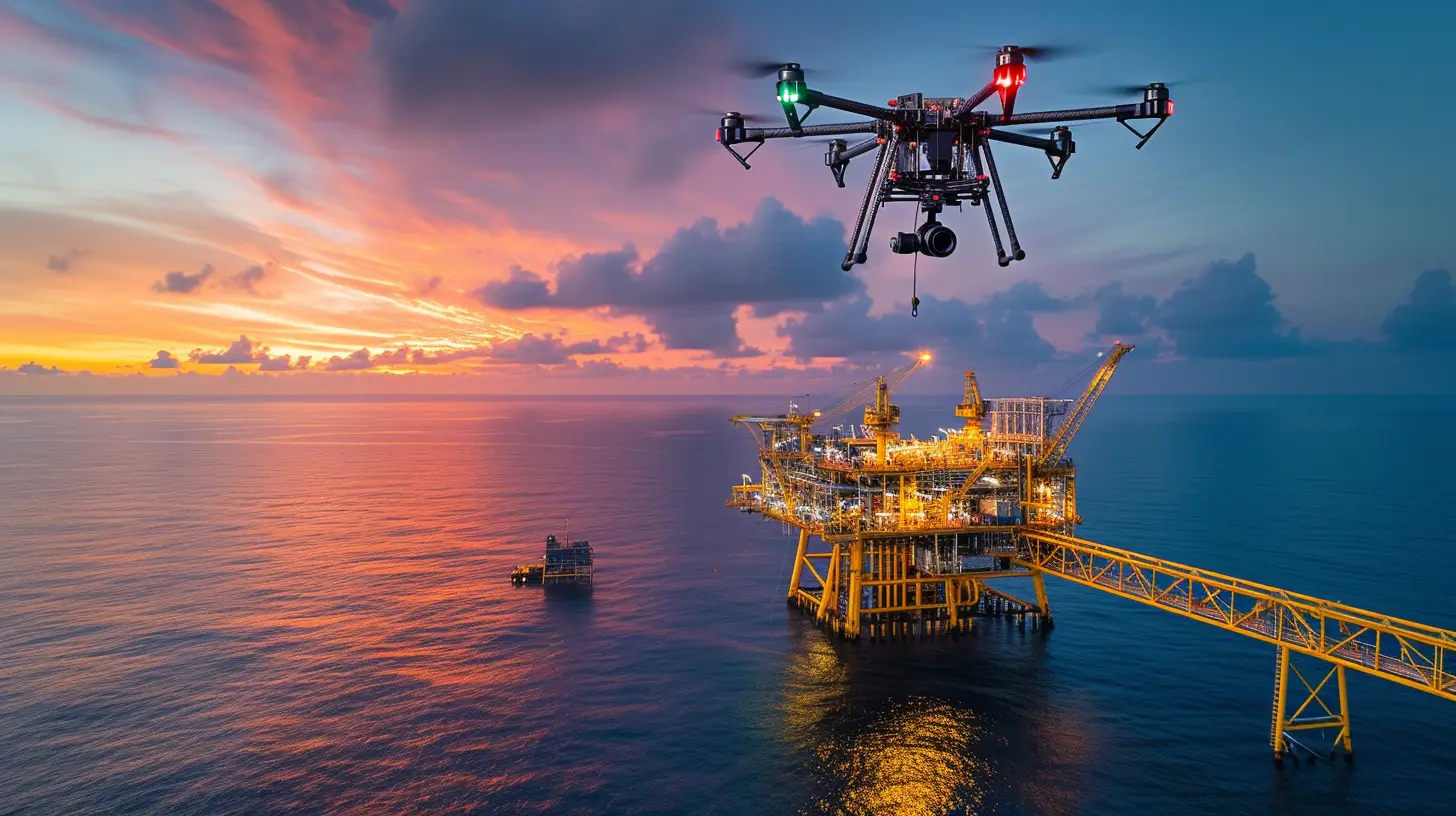 an image capturing the mesmerizing sight of a drone hovering above an offshore oil rig, its camera lens focused on the intricate network of pipelines and massive machinery, symbolizing the crucial role drones play in capturing precise industrial and infrastructure photography in the oil and gas industry