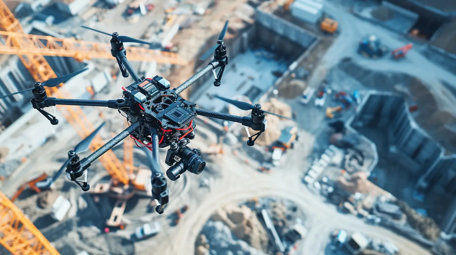 an image featuring a high-end commercial drone hovering above an industrial site, capturing intricate details of infrastructure development. Show the drone's camera focused on the construction progress, emphasizing its potential to enhance business success through accurate and stunning aerial photography