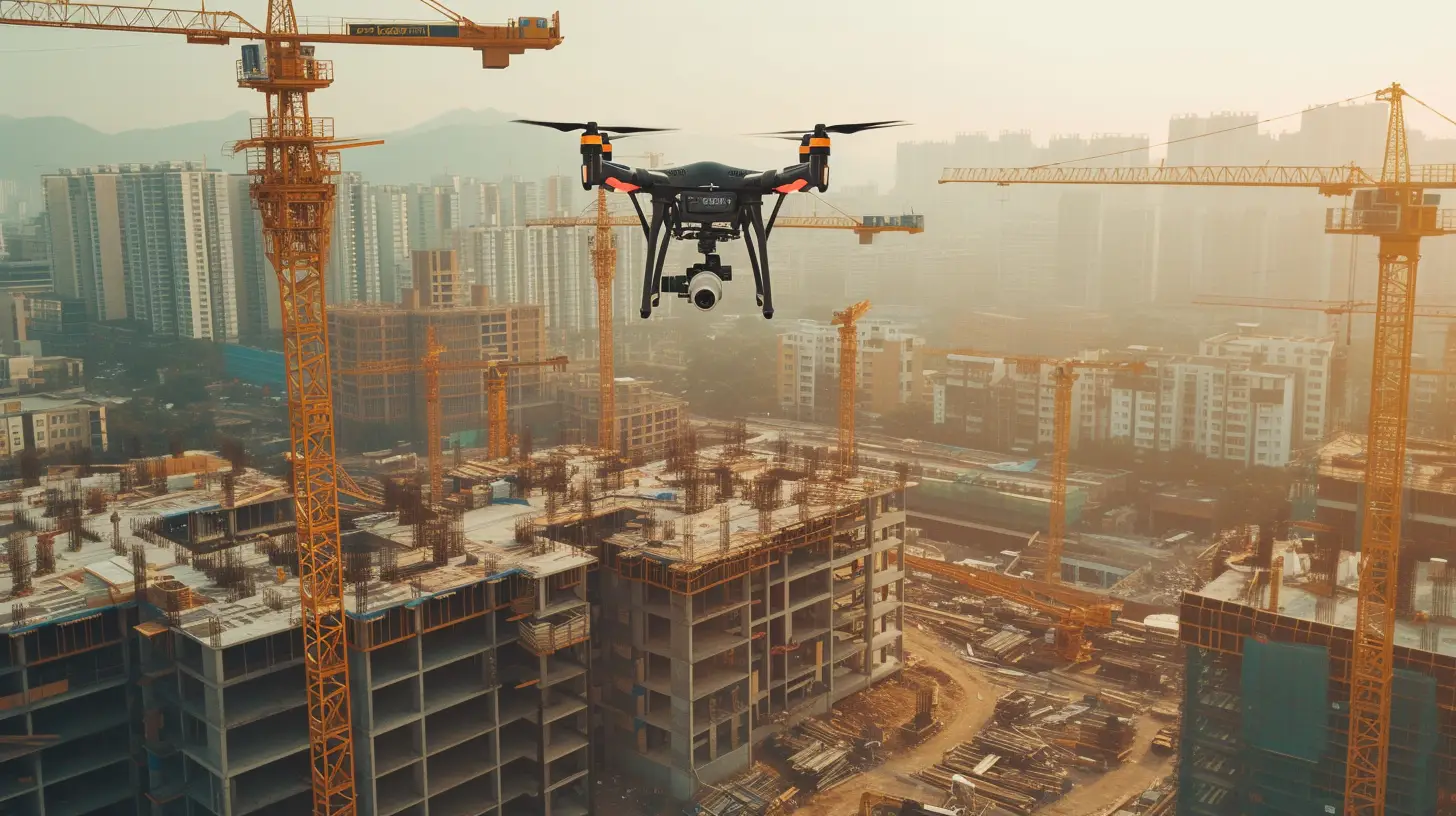 an aerial view of a bustling construction site, with a powerful drone effortlessly maneuvering amidst towering cranes. Show the intricate details of the infrastructure development, highlighting how drone technology gives companies a competitive edge