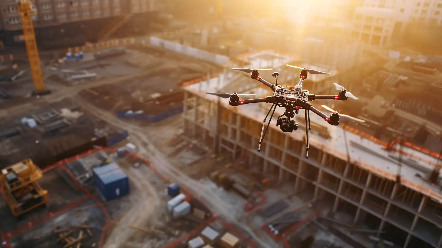 an image showcasing a drone hovering above a construction site, capturing intricate details of the infrastructure being developed. Focus on the precision and efficiency drones bring to construction projects