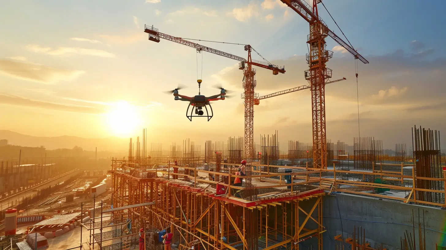 an image showcasing a drone hovering over a construction site, capturing detailed aerial shots of cranes lifting heavy steel beams, workers pouring concrete foundations, and intricate scaffolding structures, highlighting the efficiency and precision of drone photography in construction