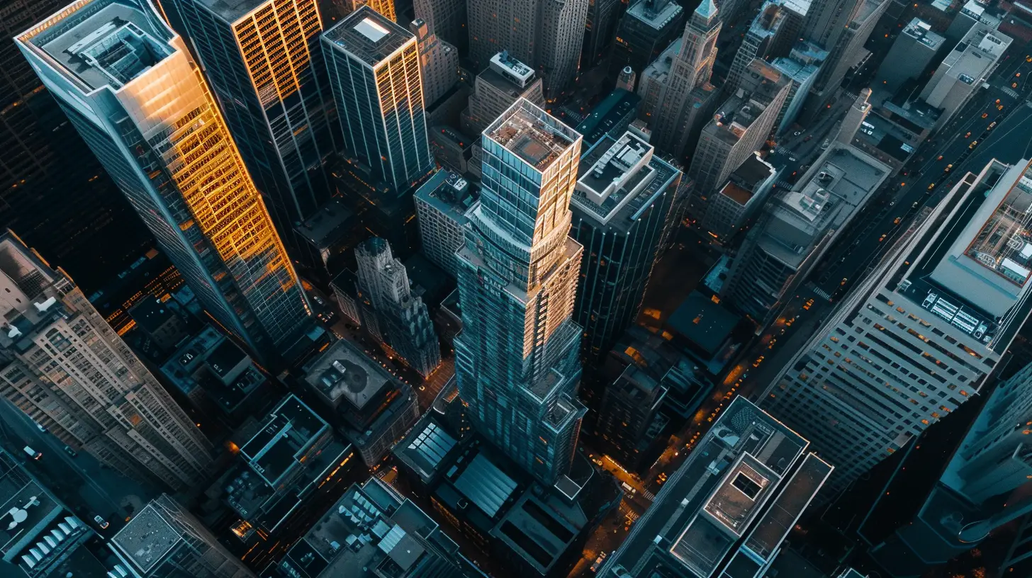  a stunning aerial shot of a sleek, modern skyscraper casting a striking shadow on a bustling cityscape. The drone hovers at an angle, emphasizing the architectural marvel and showcasing the seamless integration of urban infrastructure