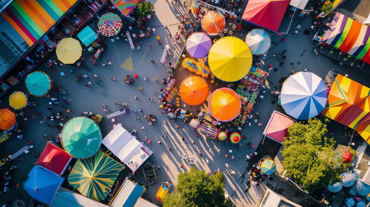  image capturing the excitement and grandeur of a bustling event venue from above. Show a drone hovering above a vibrant outdoor event, capturing the intricate details of the setup, with colorful tents, a stage, and a bustling crowd