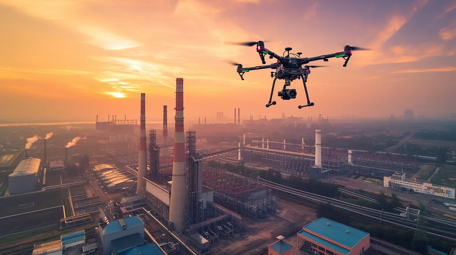 an image showcasing a drone hovering over an expansive power plant, capturing detailed footage of its sophisticated infrastructure. Highlight the advantages of using drones in the utilities sector, such as enhanced safety, improved maintenance efficiency, and accurate data collection