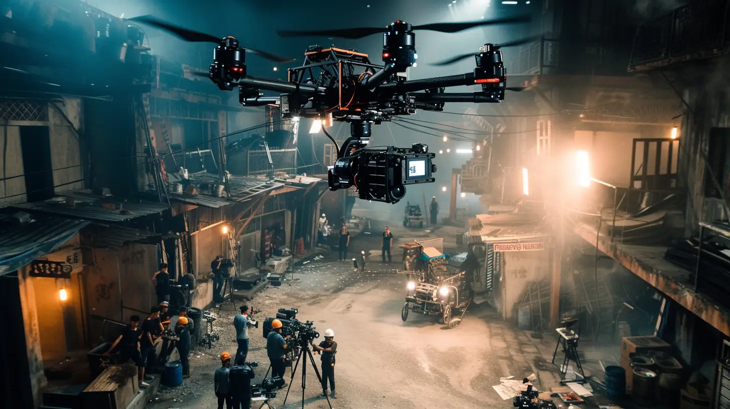  an image capturing a drone gracefully hovering above a film set, perfectly framing the action from a high angle. The camera's lens captures the intricate details of the set design, lights, and crew members, showcasing the film industry's innovative use of drone photography
